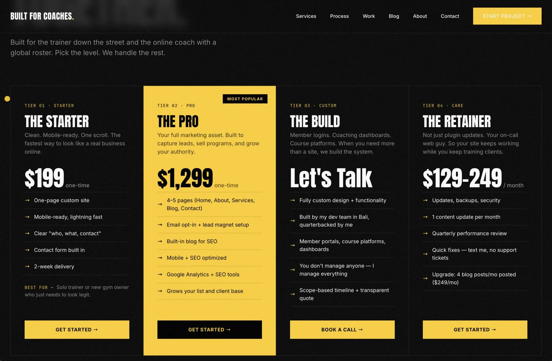 Built For Coaches pricing tiers
