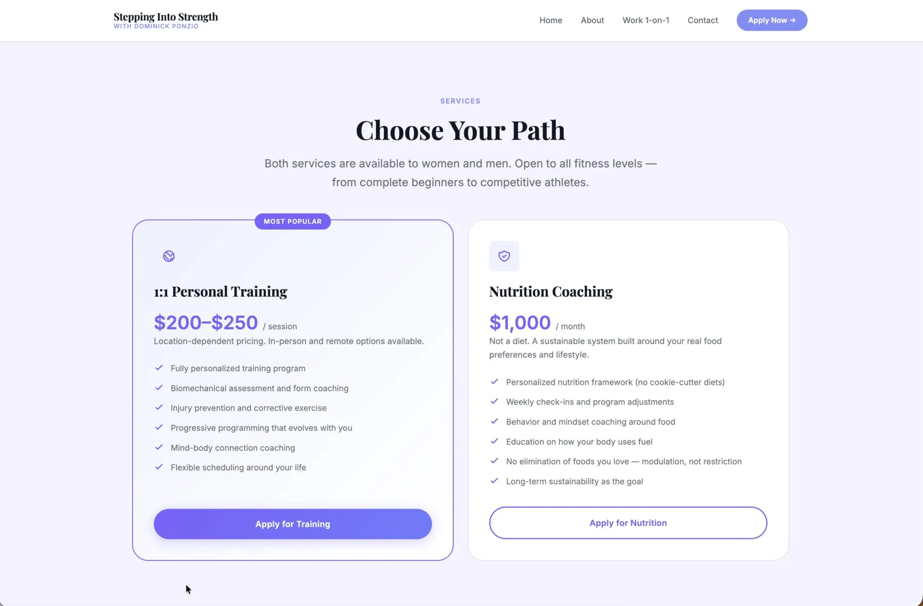 Services section of the Stepping Into Strength website